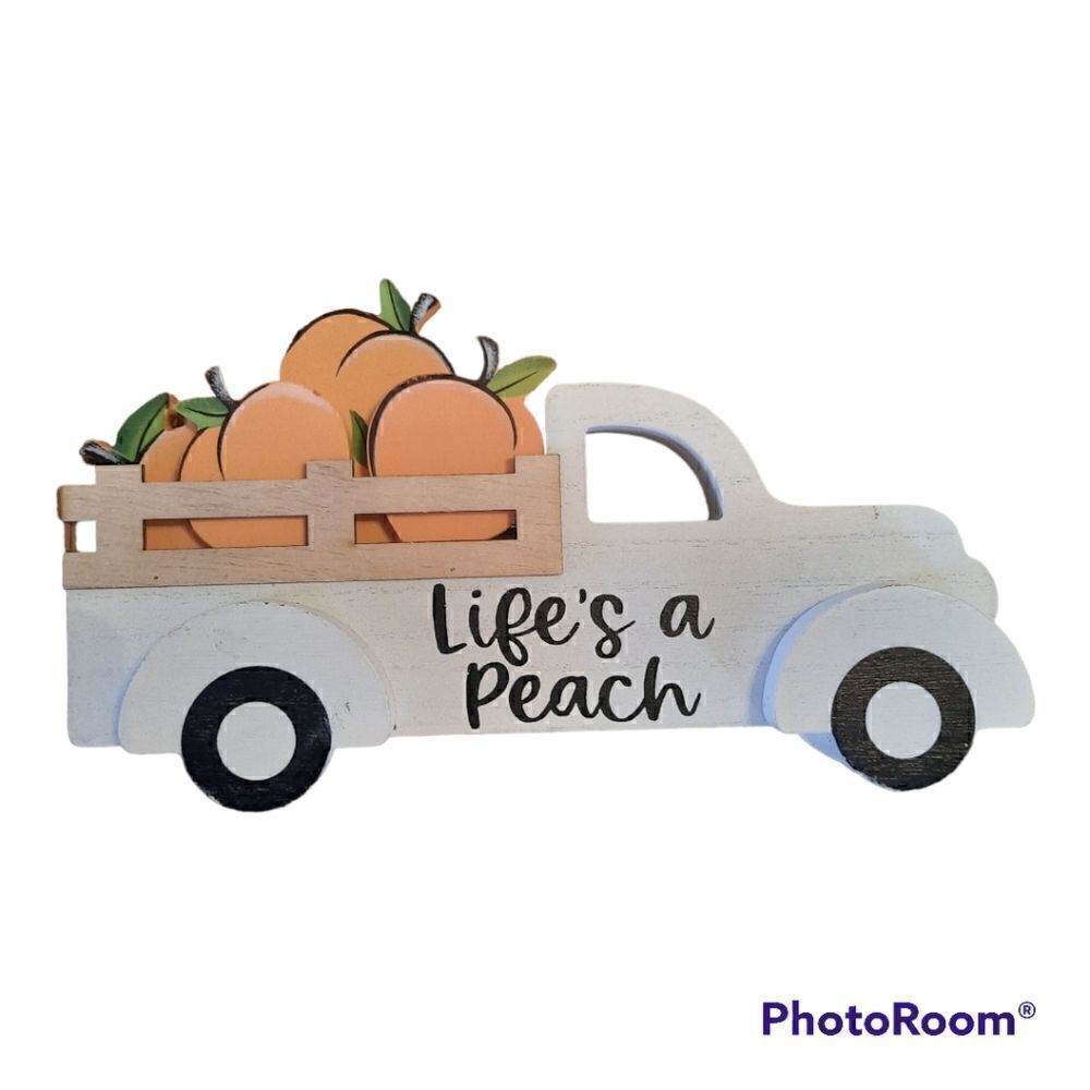 "Life's a Peach" Rustic Retro Old Truck of Peaches Stand Up Wooden Decor Sign